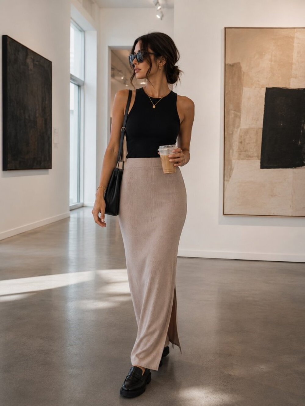 H&M Beige Ribbed Maxi Skirt Back Slit Stretch Column Skirt Size M